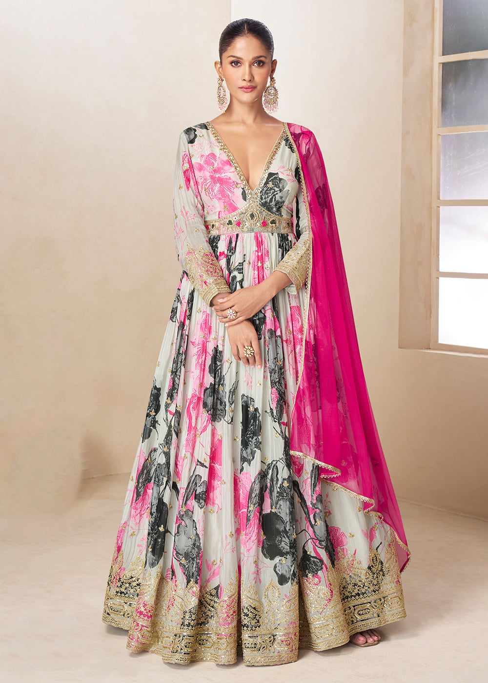 Buy Now Off White Floral Digital Printed Festive Anarkali Gown Online in US, UK, Canada, France, Italy, Sweden, Ireland, Denmark, UAE & Worldwide at Empress
