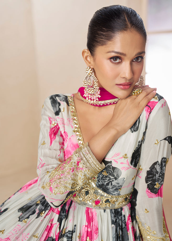 Buy Now Off White Floral Digital Printed Festive Anarkali Gown Online in US, UK, Canada, France, Italy, Sweden, Ireland, Denmark, UAE & Worldwide at Empress