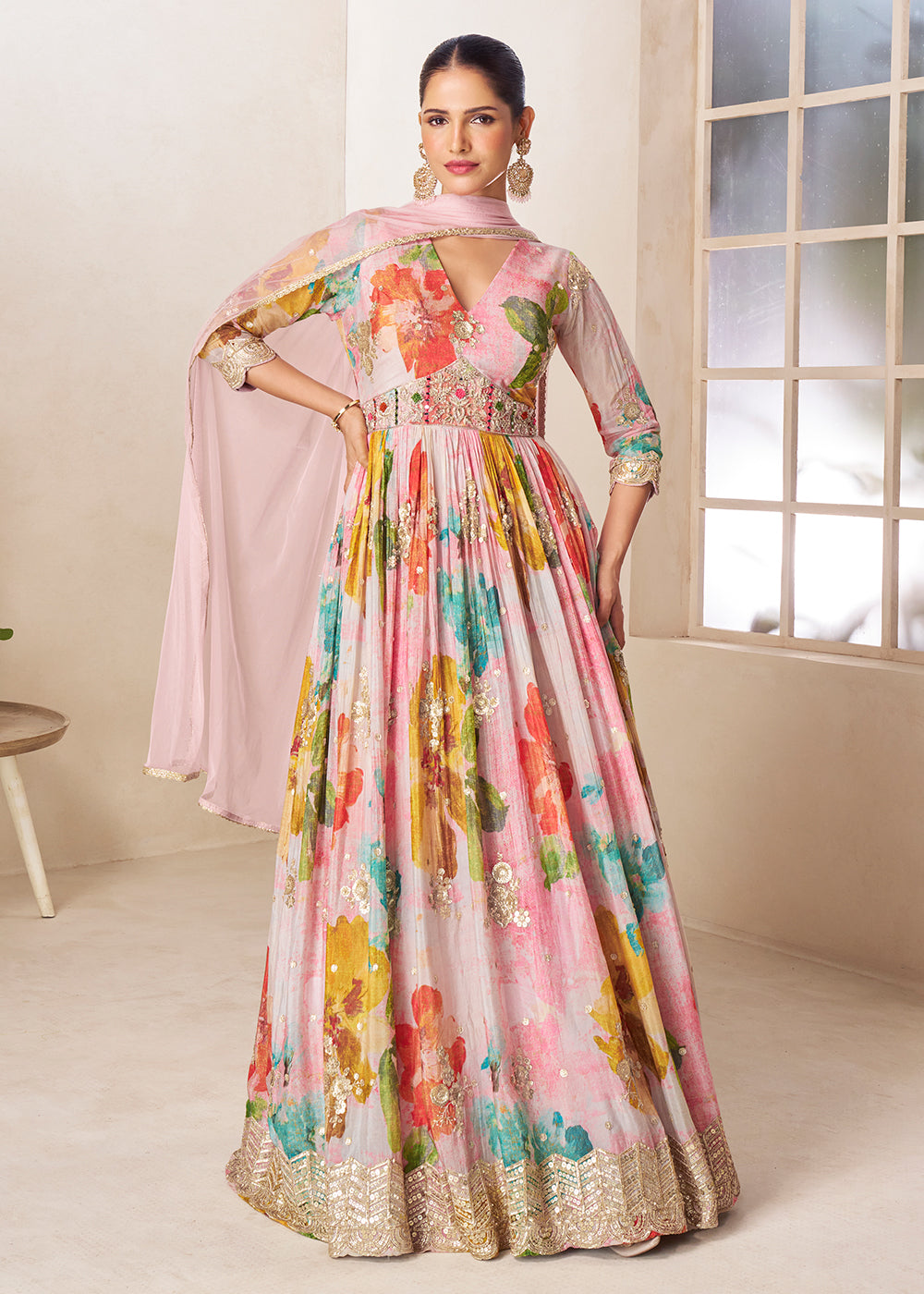 Buy Now Blush Pink Floral Digital Printed Festive Anarkali Gown Online in US, UK, Canada, France, Italy, Sweden, Ireland, Denmark, UAE & Worldwide at Empress