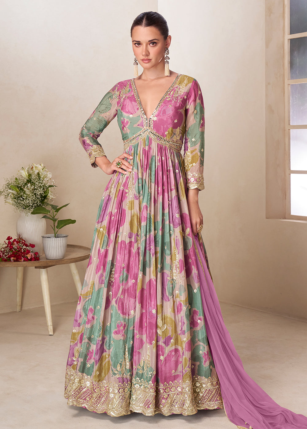 Buy Now Multicolor Floral Digital Printed Festive Anarkali Gown Online in US, UK, Canada, France, Italy, Sweden, Ireland, Denmark, UAE & Worldwide at Empress.