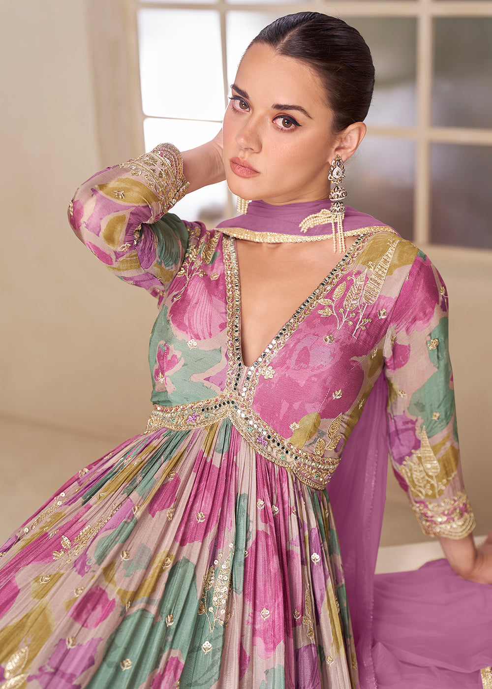 Buy Now Multicolor Floral Digital Printed Festive Anarkali Gown Online in US, UK, Canada, France, Italy, Sweden, Ireland, Denmark, UAE & Worldwide at Empress.