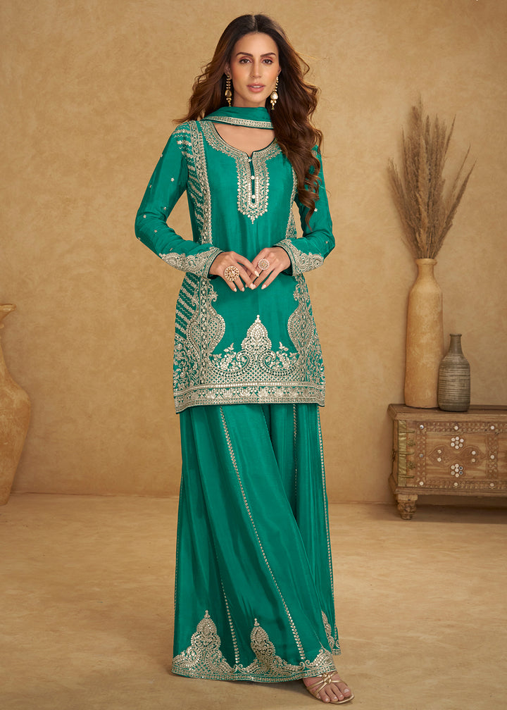 Buy Now Festive Style Teal Green Chinnon Designer Palazzo Suit Online in New York, Las Vegas, Newark, Chicago, Houston, Fremont, Dubai & Worldwide at Empress.