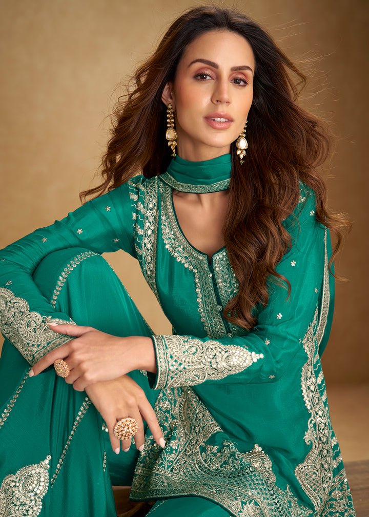 Buy Now Festive Style Teal Green Chinnon Designer Palazzo Suit Online in New York, Las Vegas, Newark, Chicago, Houston, Fremont, Dubai & Worldwide at Empress.