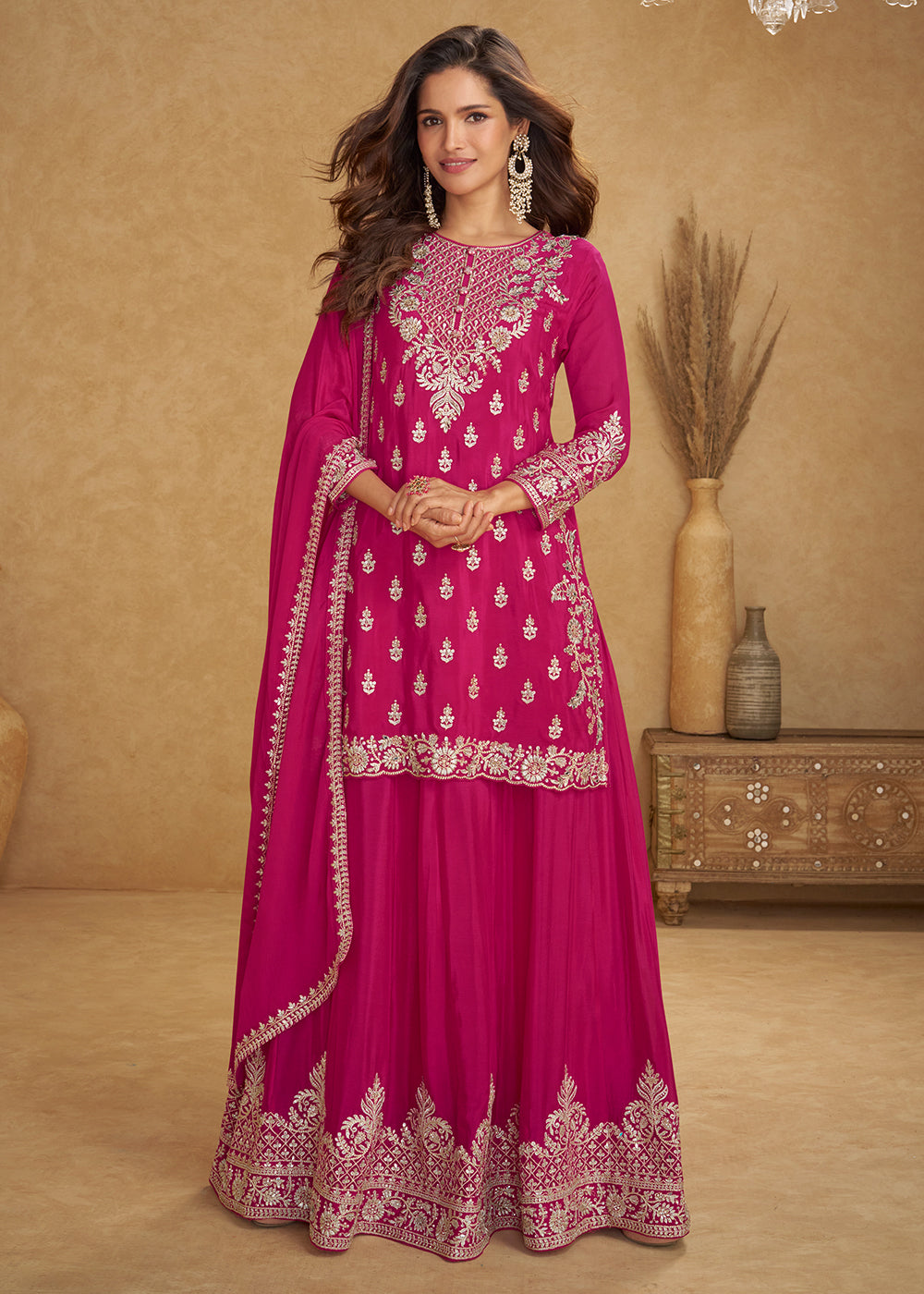 Buy Now Festive Style Hot Pink Chinnon Designer Palazzo Suit Online in New York, Las Vegas, Newark, Chicago, Houston, Fremont, Dubai & Worldwide at Empress.