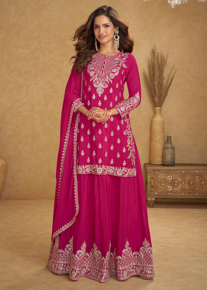 Buy Now Festive Style Hot Pink Chinnon Designer Palazzo Suit Online in New York, Las Vegas, Newark, Chicago, Houston, Fremont, Dubai & Worldwide at Empress.