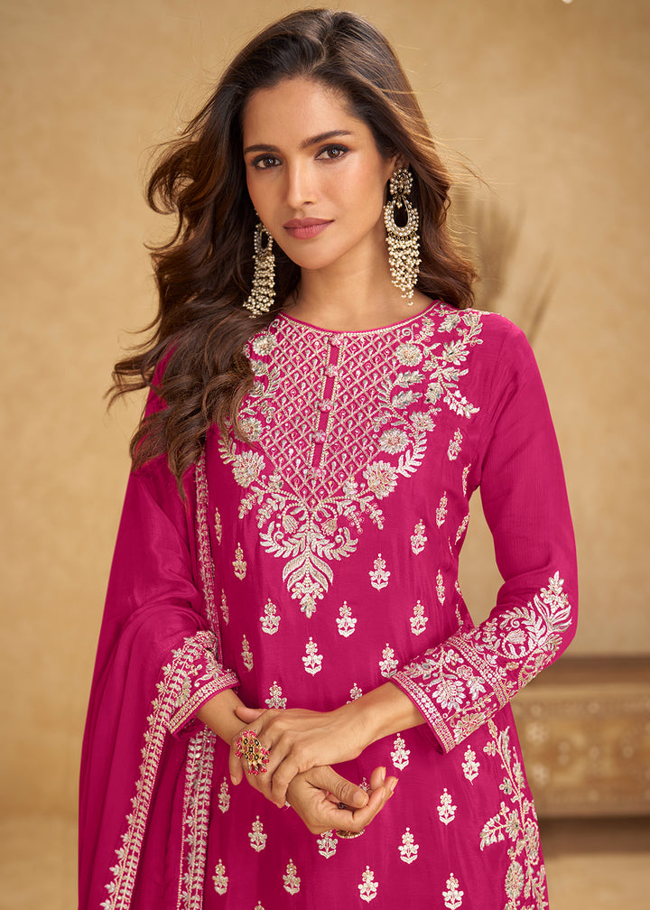 Buy Now Festive Style Hot Pink Chinnon Designer Palazzo Suit Online in New York, Las Vegas, Newark, Chicago, Houston, Fremont, Dubai & Worldwide at Empress.