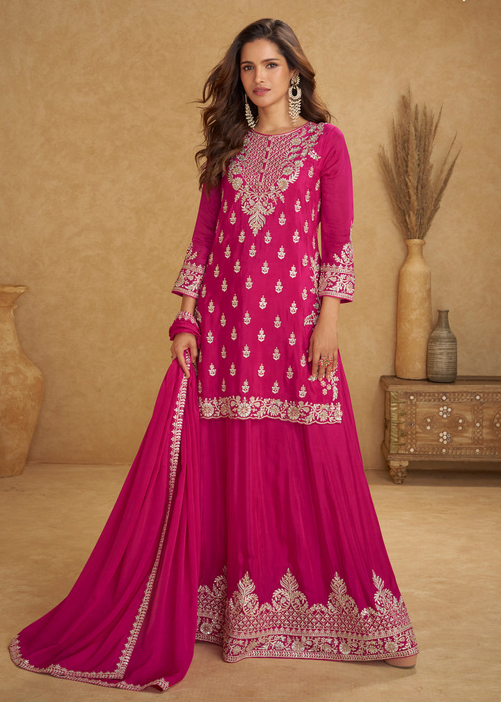 Buy Now Festive Style Hot Pink Chinnon Designer Palazzo Suit Online in New York, Las Vegas, Newark, Chicago, Houston, Fremont, Dubai & Worldwide at Empress.