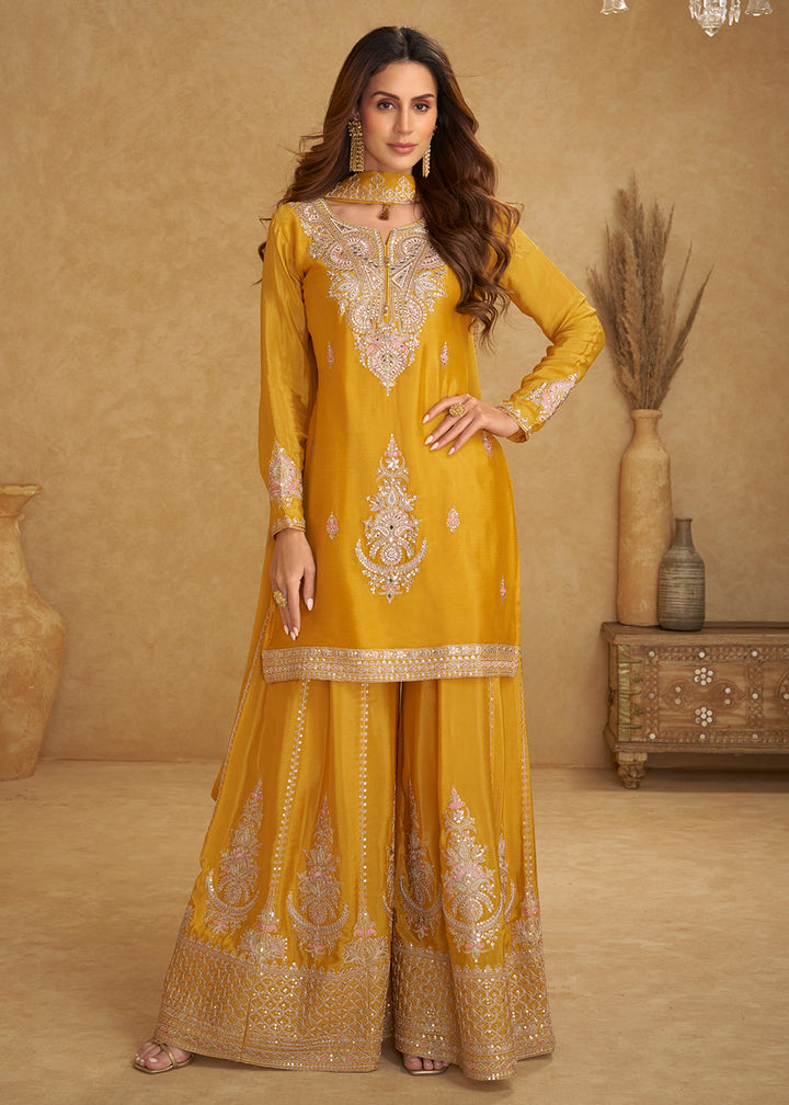 Buy Now Festive Style Haldi Yellow Chinnon Designer Palazzo Suit Online in New York, Las Vegas, Newark, Chicago, Houston, Fremont, Dubai & Worldwide at Empress.