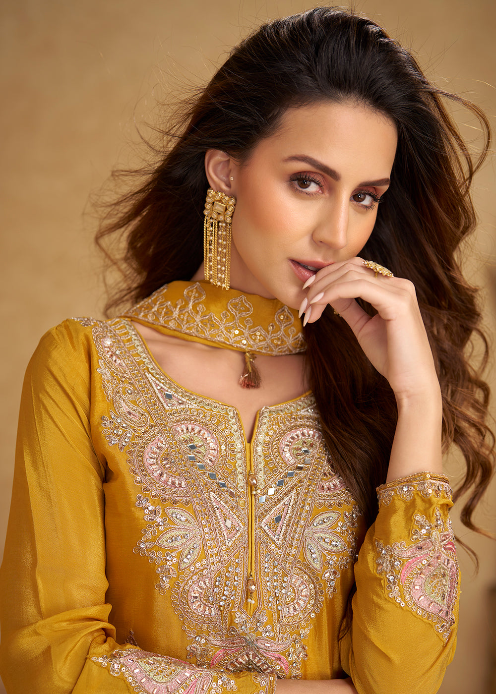 Buy Now Festive Style Haldi Yellow Chinnon Designer Palazzo Suit Online in New York, Las Vegas, Newark, Chicago, Houston, Fremont, Dubai & Worldwide at Empress.