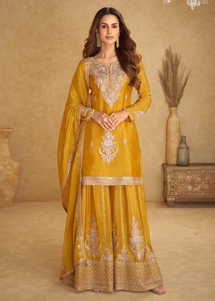 Buy Now Festive Style Haldi Yellow Chinnon Designer Palazzo Suit Online in New York, Las Vegas, Newark, Chicago, Houston, Fremont, Dubai & Worldwide at Empress.