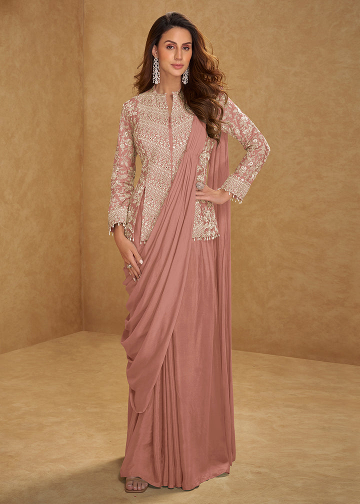 Buy Now Peachy Pink Saree Style Indo Western Dress Online in New York, Las Vegas, Newark, Chicago, Houston, Fremont, Dubai, Katy, Dallas & Worldwide at Empress.