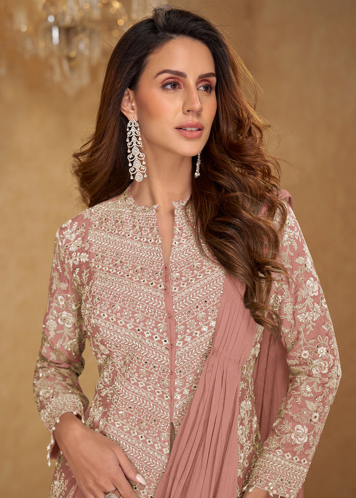 Buy Now Peachy Pink Saree Style Indo Western Dress Online in New York, Las Vegas, Newark, Chicago, Houston, Fremont, Dubai, Katy, Dallas & Worldwide at Empress.