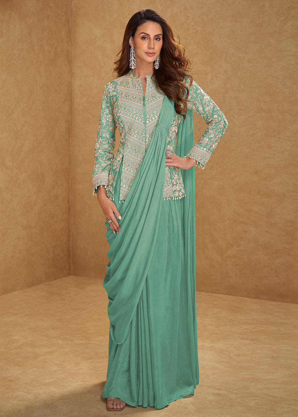 Buy Now Sea Green Saree Style Indo Western Dress Online in New York, Las Vegas, Newark, Chicago, Houston, Fremont, Dubai, Katy, Dallas & Worldwide at Empress.