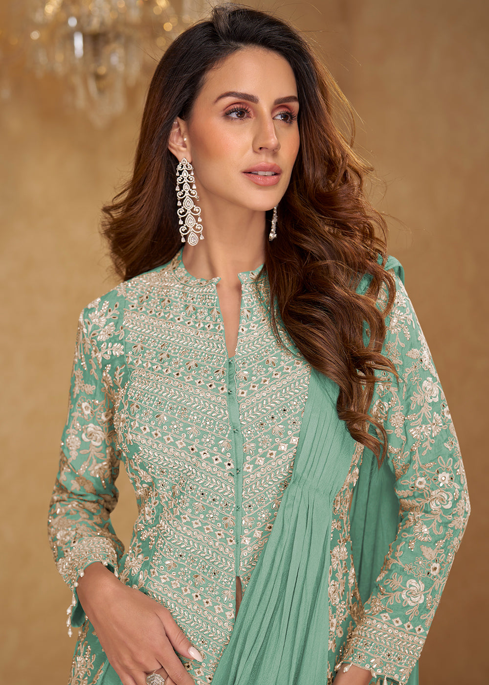 Buy Now Sea Green Saree Style Indo Western Dress Online in New York, Las Vegas, Newark, Chicago, Houston, Fremont, Dubai, Katy, Dallas & Worldwide at Empress.