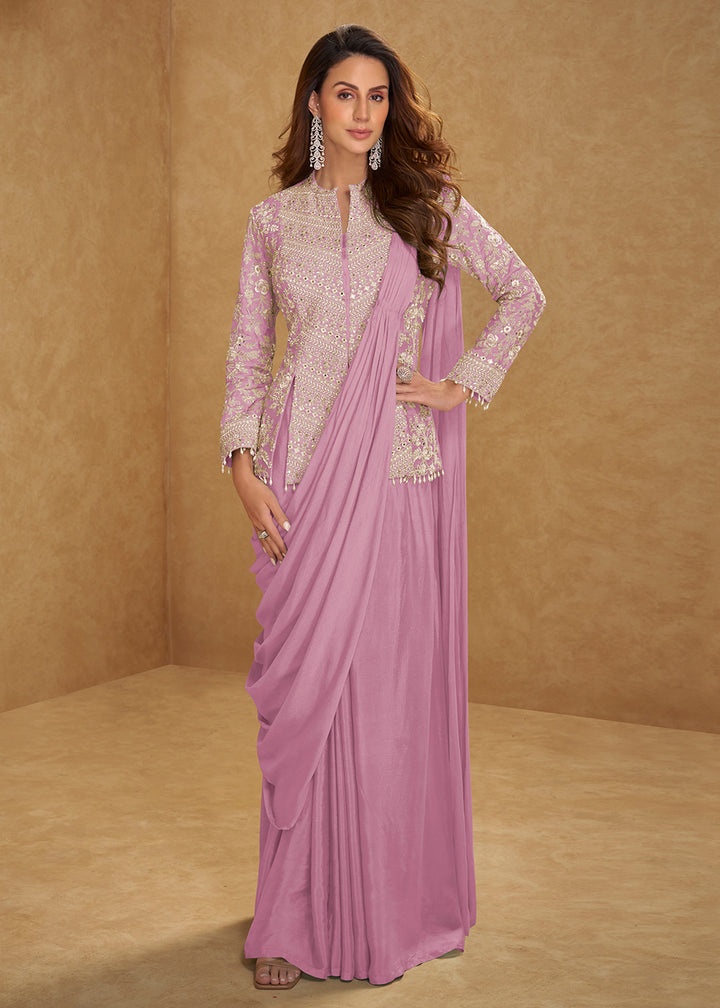 Buy Now Lilac Pink Saree Style Indo Western Dress Online in New York, Las Vegas, Newark, Chicago, Houston, Fremont, Dubai, Katy, Dallas & Worldwide at Empress.