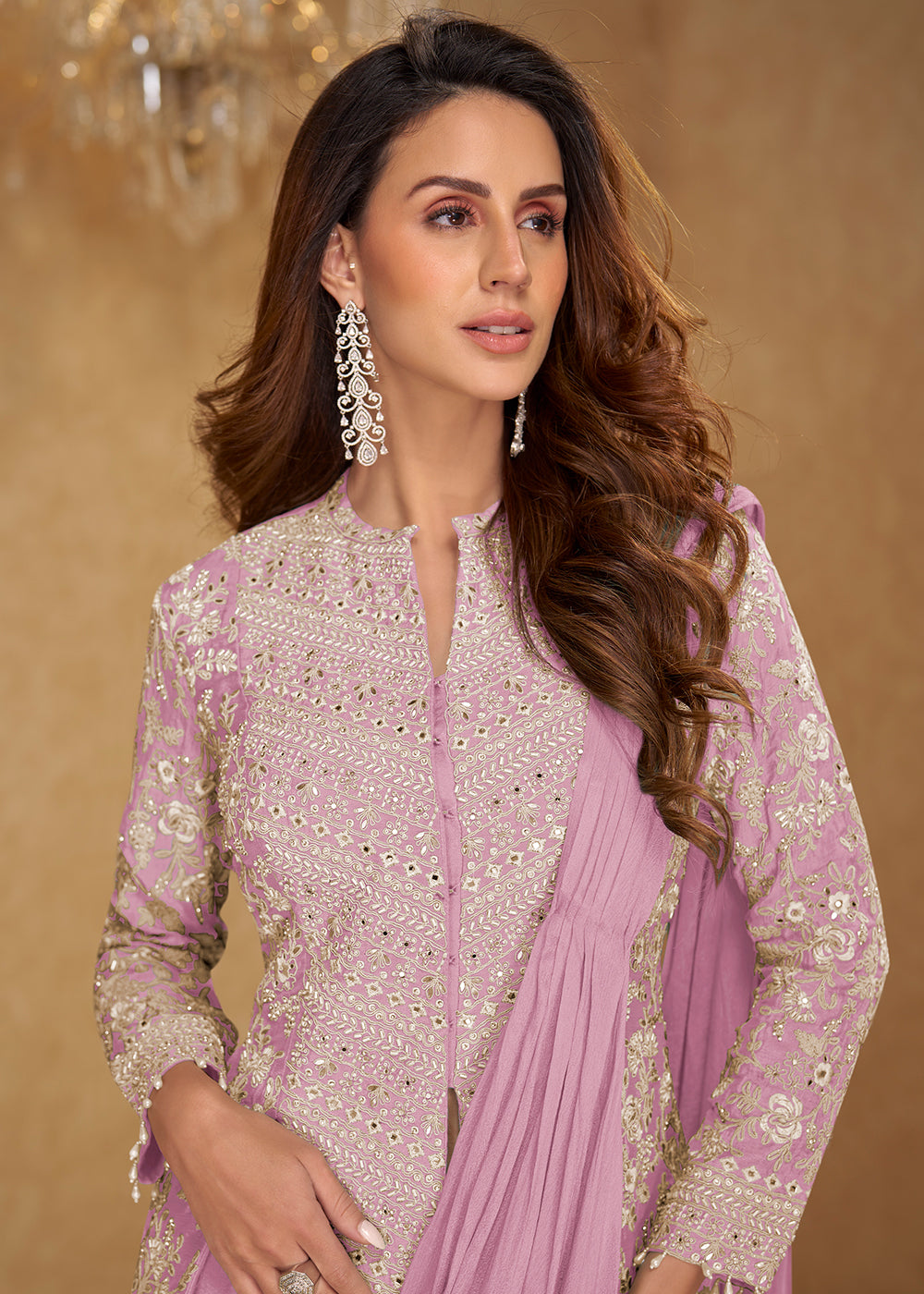 Buy Now Lilac Pink Saree Style Indo Western Dress Online in New York, Las Vegas, Newark, Chicago, Houston, Fremont, Dubai, Katy, Dallas & Worldwide at Empress.