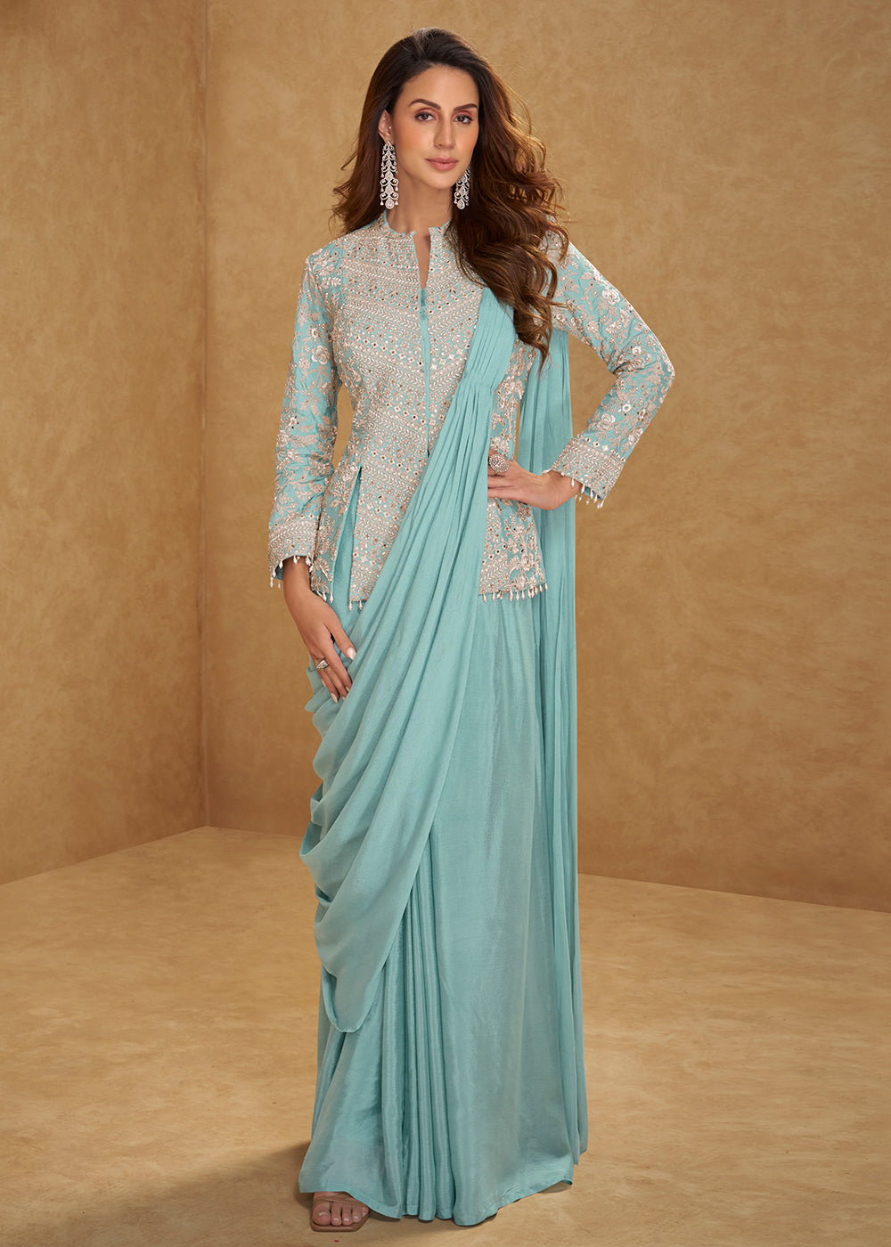 Buy Now Turquoise Saree Style Indo Western Dress Online in New York, Las Vegas, Newark, Chicago, Houston, Fremont, Dubai, Katy, Dallas & Worldwide at Empress.