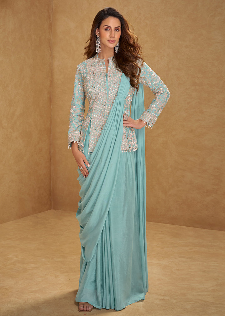 Buy Now Turquoise Saree Style Indo Western Dress Online in New York, Las Vegas, Newark, Chicago, Houston, Fremont, Dubai, Katy, Dallas &amp; Worldwide at Empress.