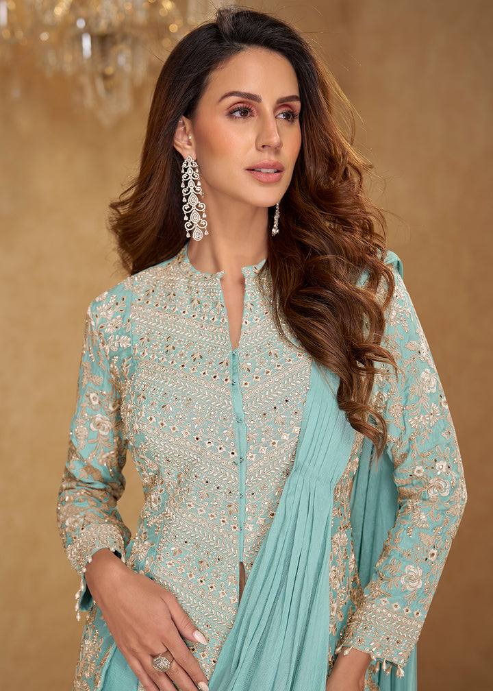 Buy Now Turquoise Saree Style Indo Western Dress Online in New York, Las Vegas, Newark, Chicago, Houston, Fremont, Dubai, Katy, Dallas &amp; Worldwide at Empress.
