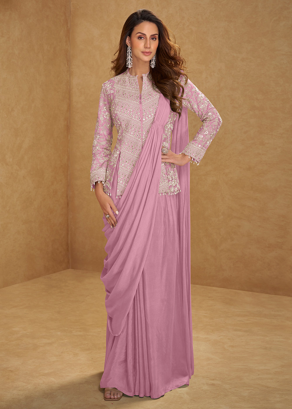 Buy Now Pink Saree Style Indo Western Dress Online in New York, Las Vegas, Newark, Chicago, Houston, Fremont, Dubai, Katy, Dallas & Worldwide at Empress.