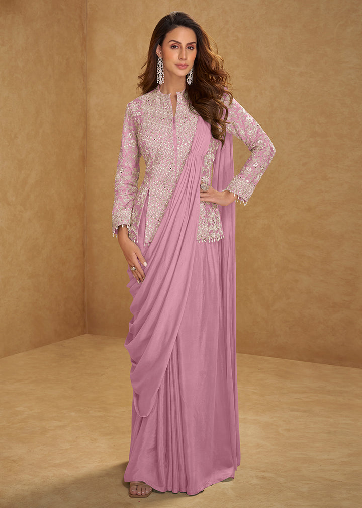Buy Now Pink Saree Style Indo Western Dress Online in New York, Las Vegas, Newark, Chicago, Houston, Fremont, Dubai, Katy, Dallas &amp; Worldwide at Empress.