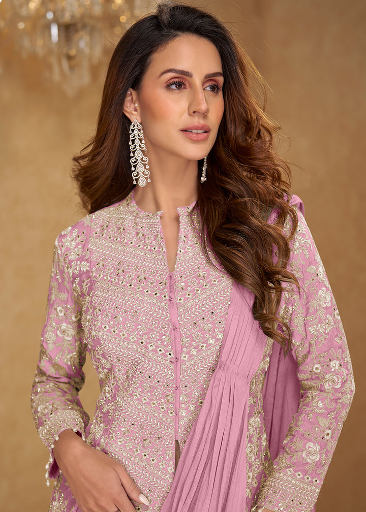 Buy Now Pink Saree Style Indo Western Dress Online in New York, Las Vegas, Newark, Chicago, Houston, Fremont, Dubai, Katy, Dallas &amp; Worldwide at Empress.