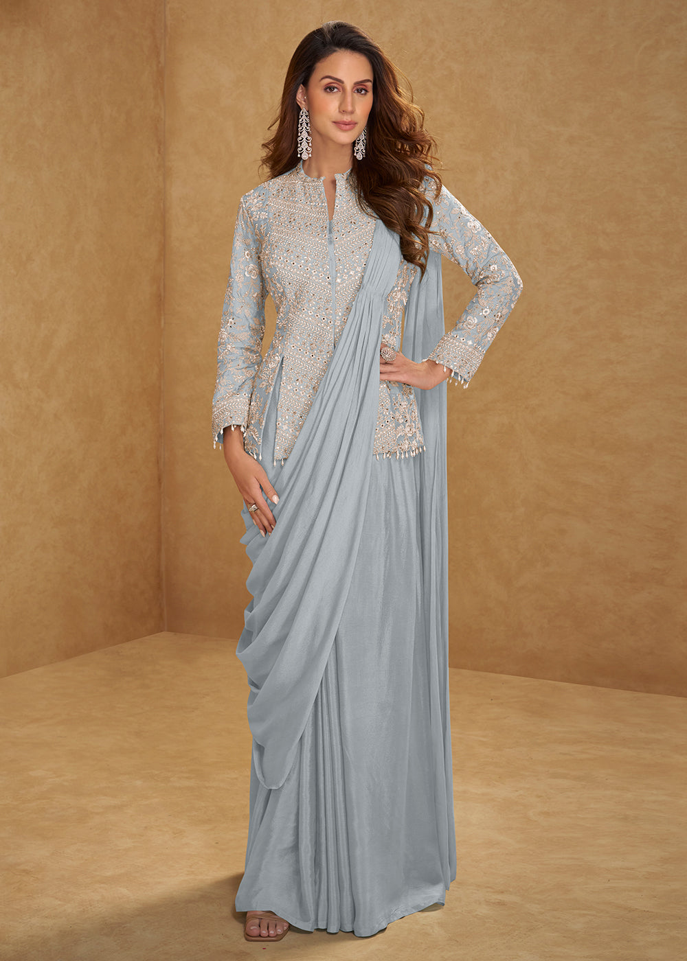 Buy Now Grey Saree Style Indo Western Dress Online in New York, Las Vegas, Newark, Chicago, Houston, Fremont, Dubai, Katy, Dallas & Worldwide at Empress.