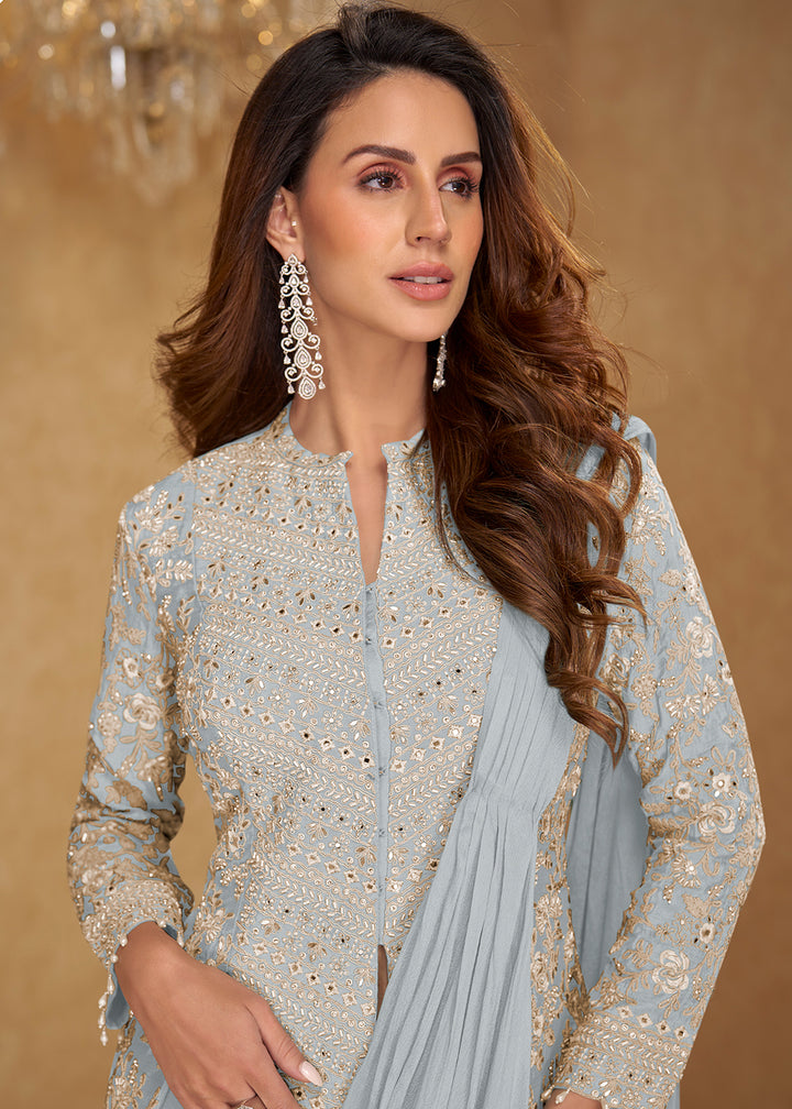 Buy Now Grey Saree Style Indo Western Dress Online in New York, Las Vegas, Newark, Chicago, Houston, Fremont, Dubai, Katy, Dallas &amp; Worldwide at Empress.