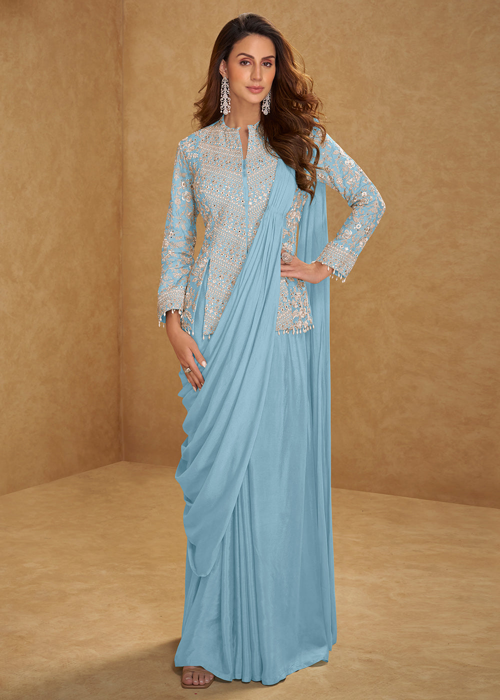Buy Now Aqua Blue Saree Style Indo Western Dress Online in New York, Las Vegas, Newark, Chicago, Houston, Fremont, Dubai, Katy, Dallas & Worldwide at Empress.
