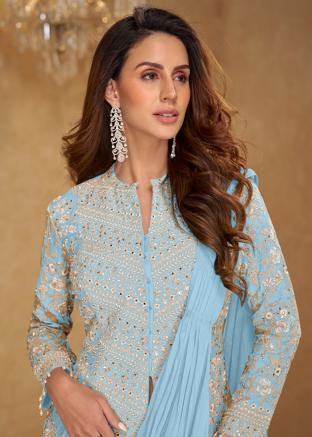 Buy Now Aqua Blue Saree Style Indo Western Dress Online in New York, Las Vegas, Newark, Chicago, Houston, Fremont, Dubai, Katy, Dallas &amp; Worldwide at Empress.