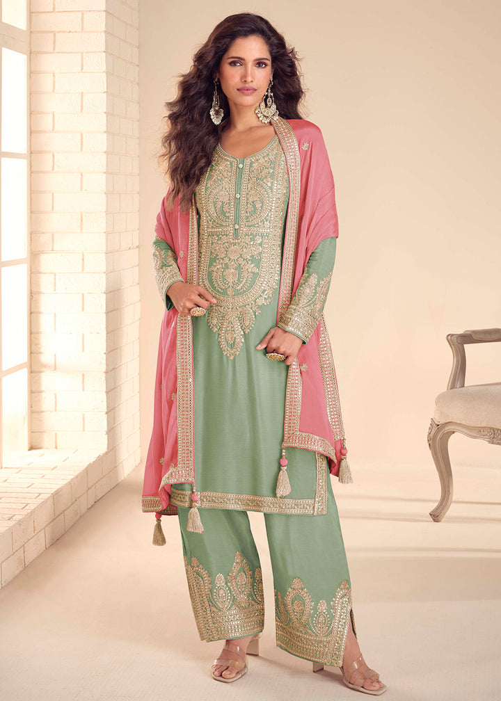Buy Now Green Stylist Pant Style Embroidered Festive Wedding Dress Online in US, UK, Canada, Netherlands, Germany, Italy, France, Sweden & Worldwide at Empress.