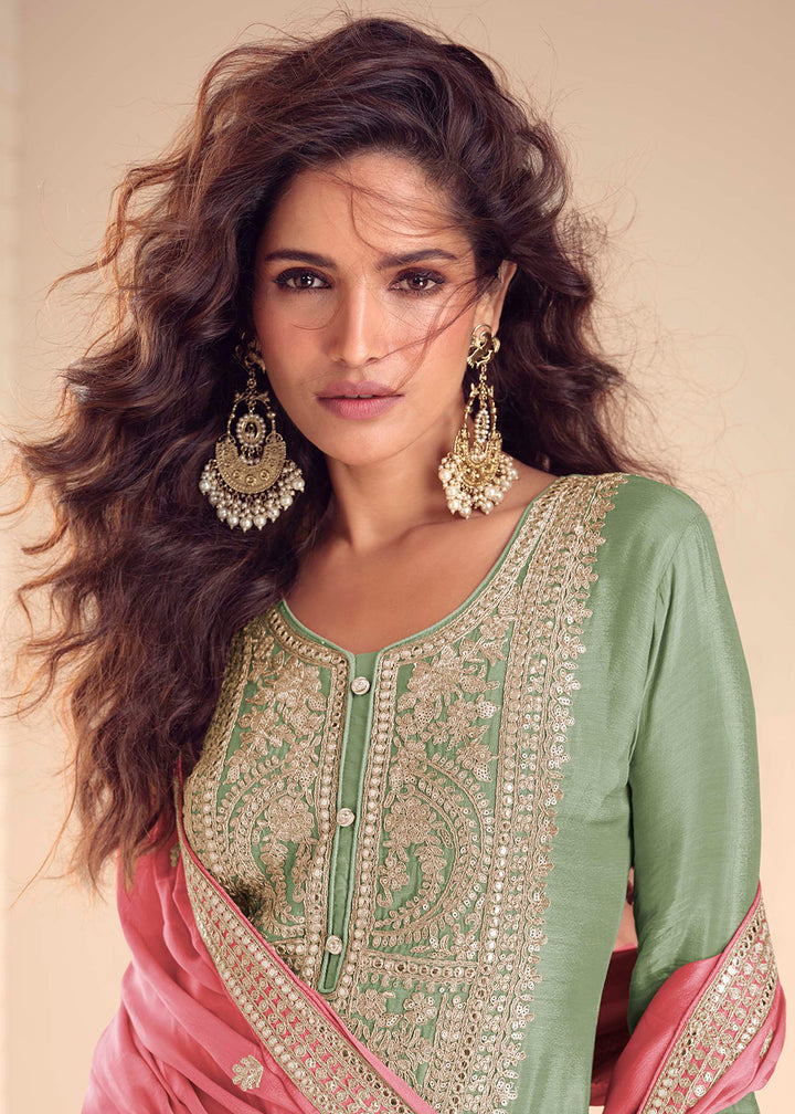 Buy Now Green Stylist Pant Style Embroidered Festive Wedding Dress Online in US, UK, Canada, Netherlands, Germany, Italy, France, Sweden & Worldwide at Empress.