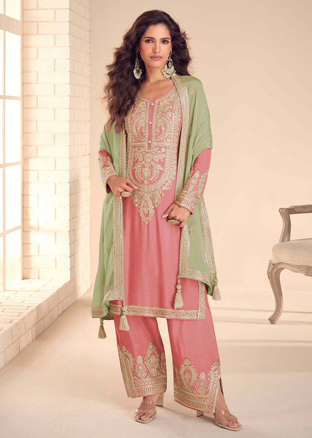 Buy Now Pink Stylist Pant Style Embroidered Festive Wedding Dress Online in US, UK, Canada, Netherlands, Germany, Italy, France, Sweden & Worldwide at Empress.