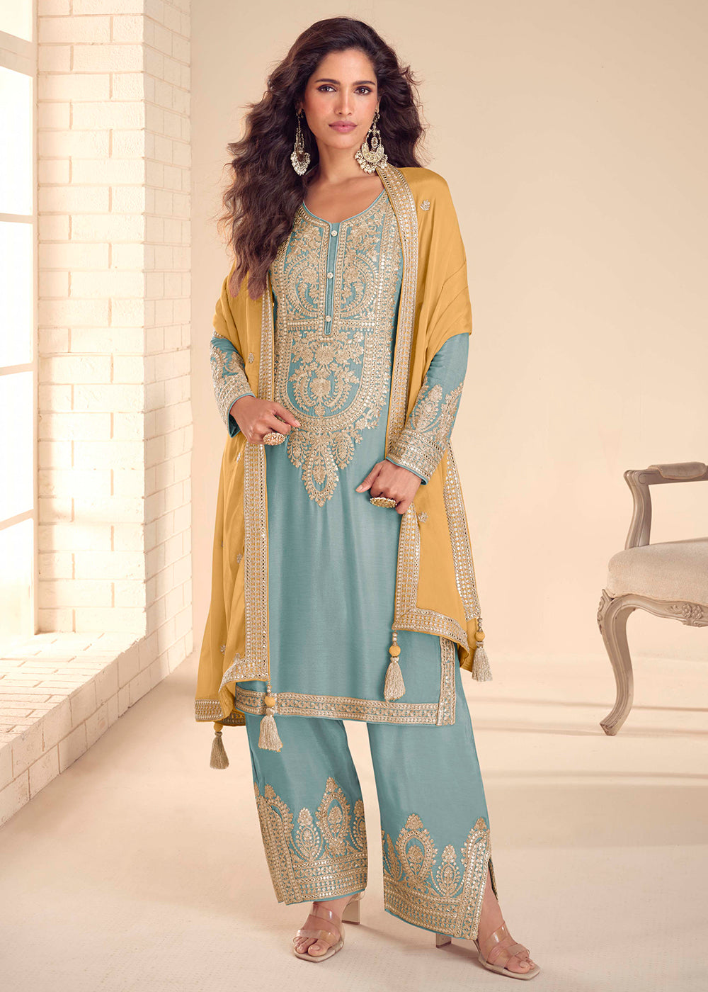 Buy Now Blue Stylist Pant Style Embroidered Festive Wedding Dress Online in US, UK, Canada, Netherlands, Germany, Italy, France, Sweden & Worldwide at Empress.