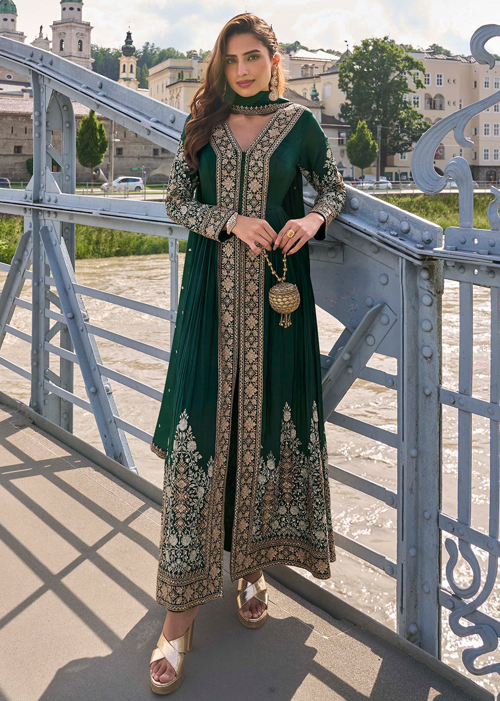 Buy Now Dreamy Green Embroidered Slit Pant Style Dress Online in New York, Los Angeles, San Jose, Chicago, Houston, Fremont, Dubai, Utah & Worldwide at Empress.