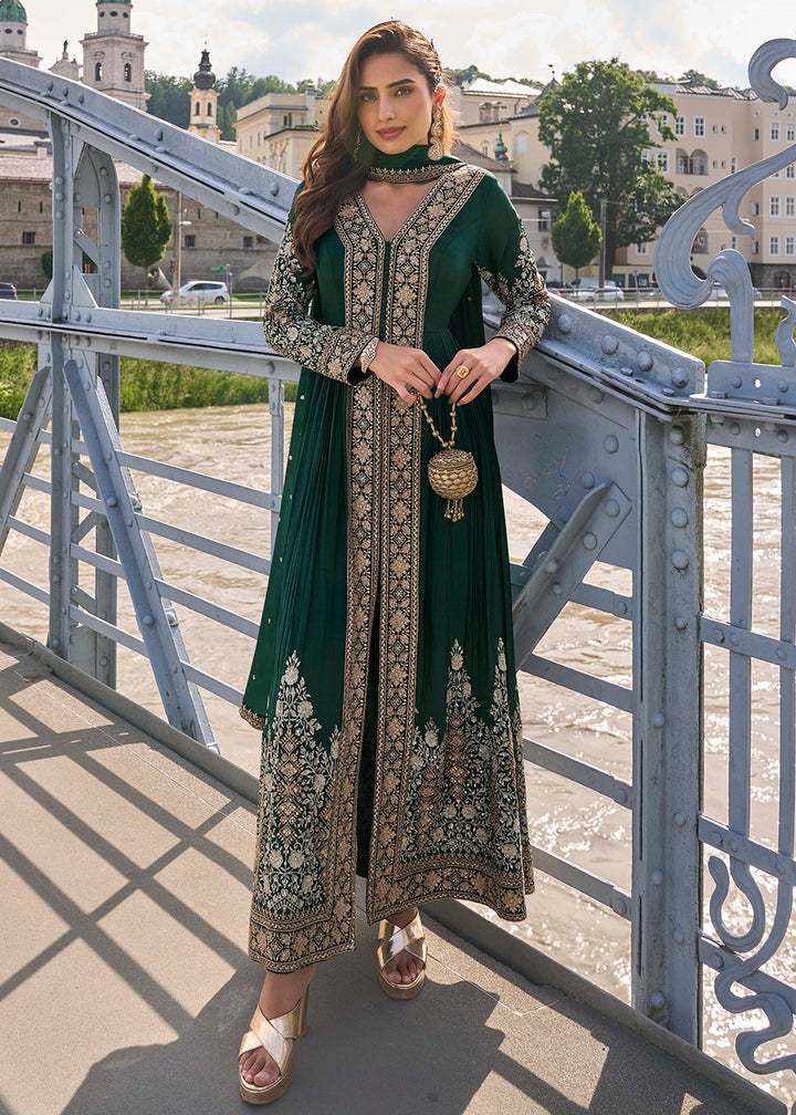 Buy Now Dreamy Green Embroidered Slit Pant Style Dress Online in New York, Los Angeles, San Jose, Chicago, Houston, Fremont, Dubai, Utah & Worldwide at Empress.