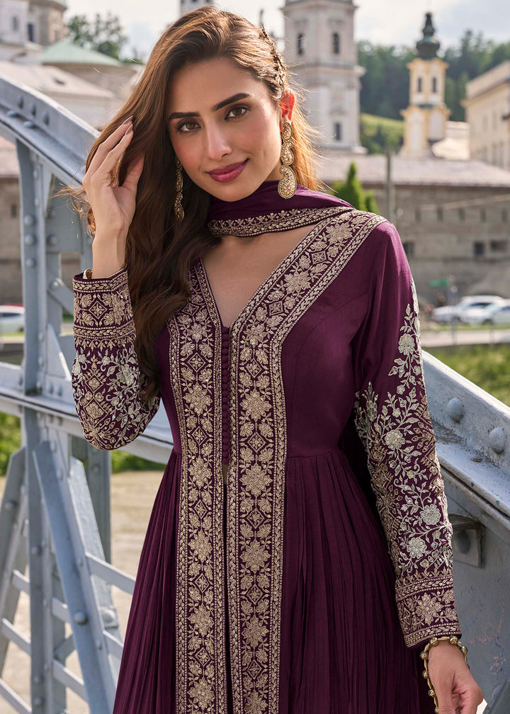 Buy Now Dreamy Purple Embroidered Slit Pant Style Dress Online in New York, Los Angeles, San Jose, Chicago, Houston, Fremont, Dubai, Utah & Worldwide at Empress.