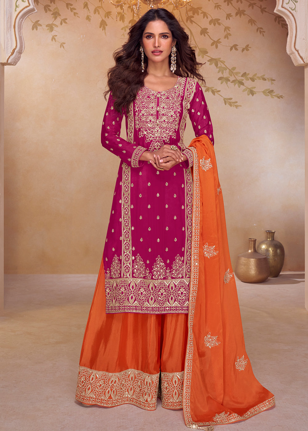 Buy Now Pink & Orange Real Chinnon Embroidered Palazzo Suit Online in New York, Las Vegas, Newark, Chicago, Houston, Fremont, Dubai, Katy & Worldwide at Empress.