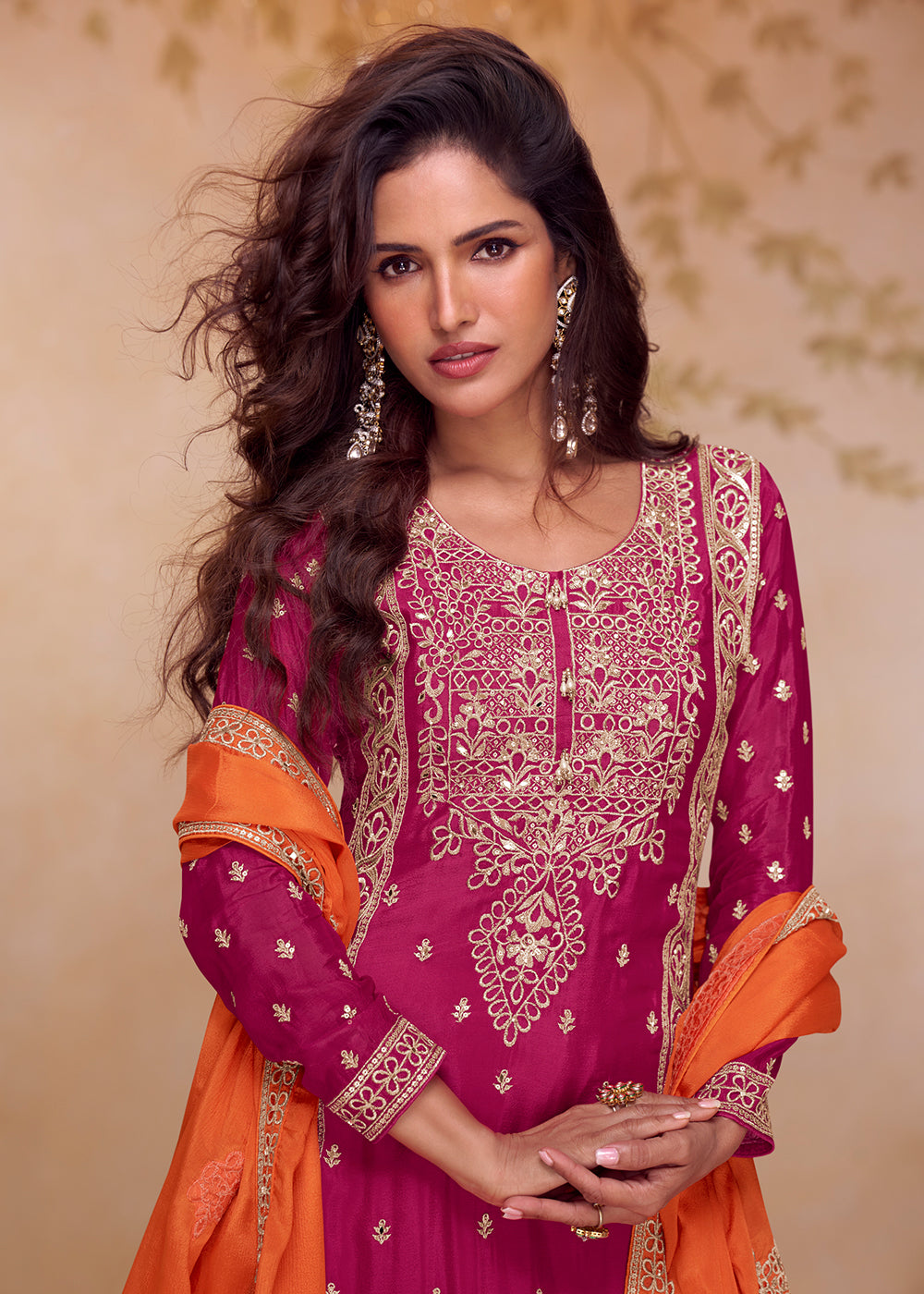 Buy Now Pink & Orange Real Chinnon Embroidered Palazzo Suit Online in New York, Las Vegas, Newark, Chicago, Houston, Fremont, Dubai, Katy & Worldwide at Empress.