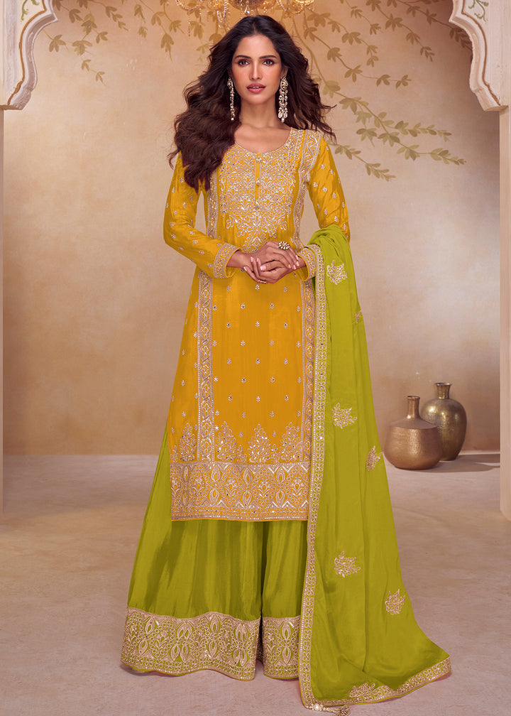 Buy Now Yellow & Green Real Chinnon Embroidered Palazzo Suit Online in New York, Las Vegas, Newark, Chicago, Houston, Fremont, Dubai & Worldwide at Empress.