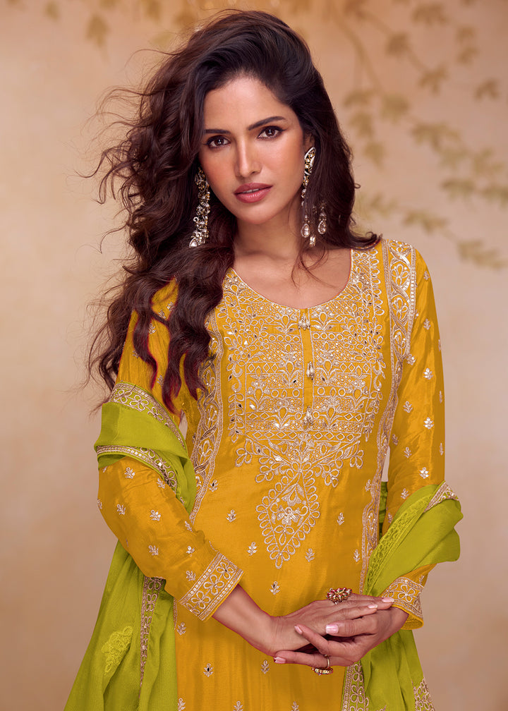 Buy Now Yellow & Green Real Chinnon Embroidered Palazzo Suit Online in New York, Las Vegas, Newark, Chicago, Houston, Fremont, Dubai & Worldwide at Empress.