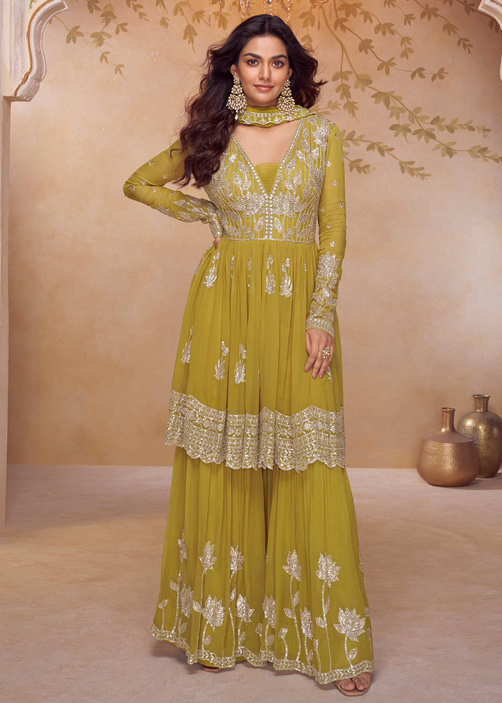Buy Now Real Chinnon Festive Style Mustard Palazzo Style Suit Online in US, UK, Canada, Netherlands, Germany, Italy, France, Sweden, UAE & Worldwide at Empress.