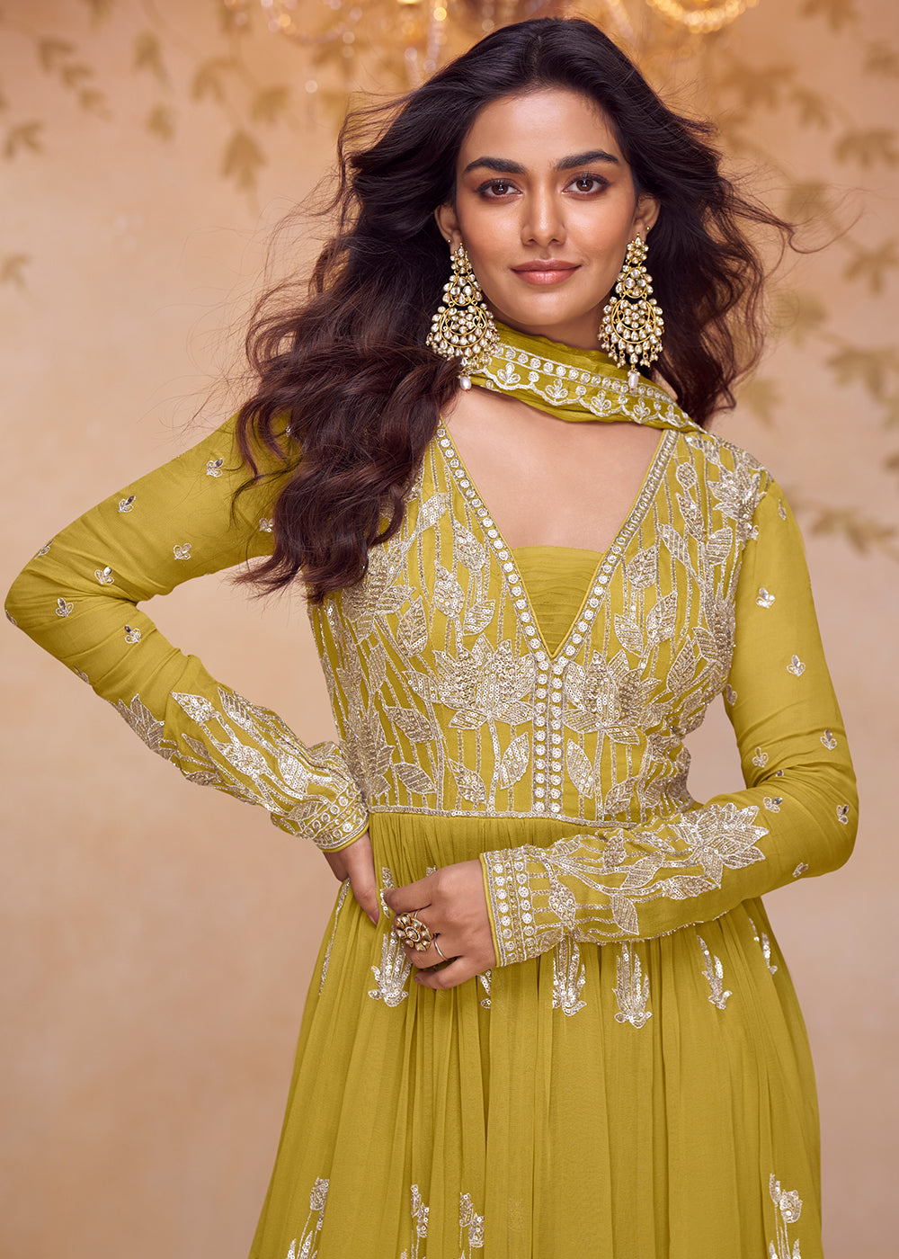 Buy Now Real Chinnon Festive Style Mustard Palazzo Style Suit Online in US, UK, Canada, Netherlands, Germany, Italy, France, Sweden, UAE & Worldwide at Empress.