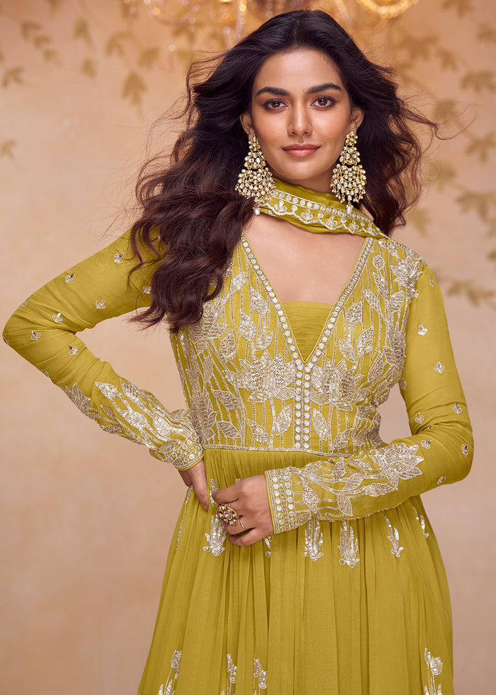 Buy Now Real Chinnon Festive Style Mustard Palazzo Style Suit Online in US, UK, Canada, Netherlands, Germany, Italy, France, Sweden, UAE & Worldwide at Empress.