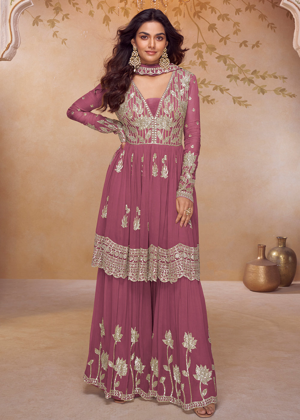 Buy Now Real Chinnon Festive Style Pink Palazzo Style Suit Online in US, UK, Canada, Netherlands, Germany, Italy, France, Sweden, UAE & Worldwide at Empress.