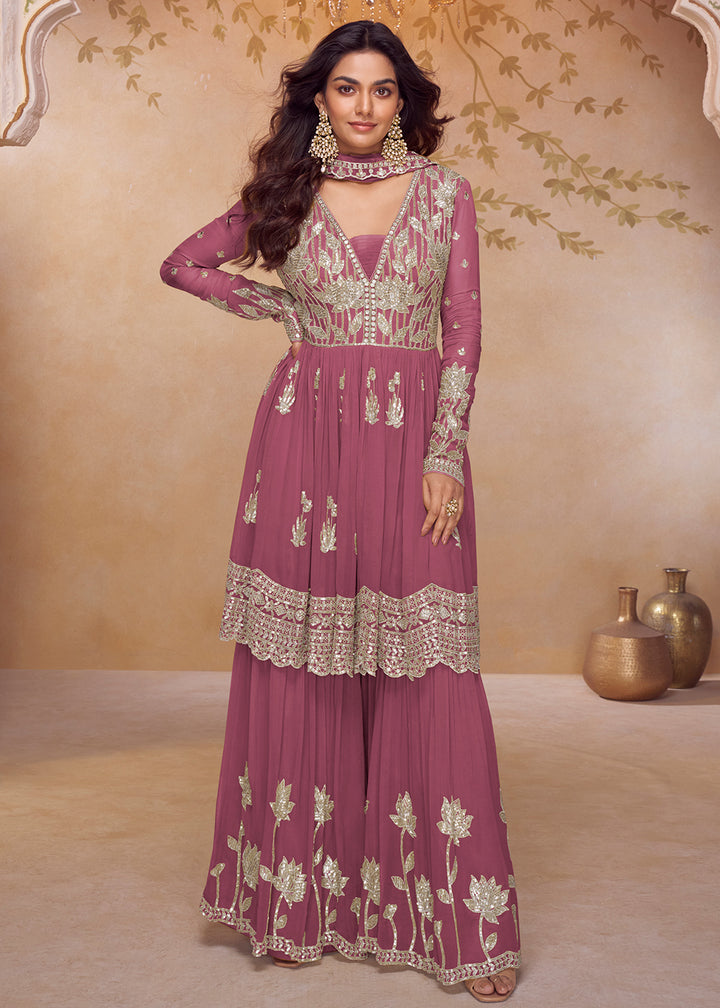 Buy Now Real Chinnon Festive Style Pink Palazzo Style Suit Online in US, UK, Canada, Netherlands, Germany, Italy, France, Sweden, UAE & Worldwide at Empress.