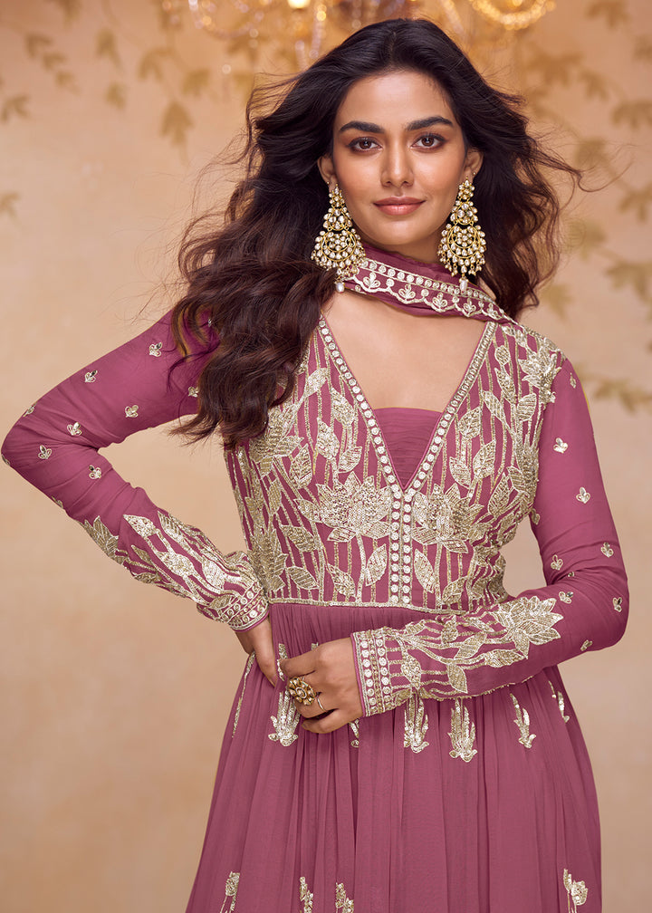 Buy Now Real Chinnon Festive Style Pink Palazzo Style Suit Online in US, UK, Canada, Netherlands, Germany, Italy, France, Sweden, UAE & Worldwide at Empress.