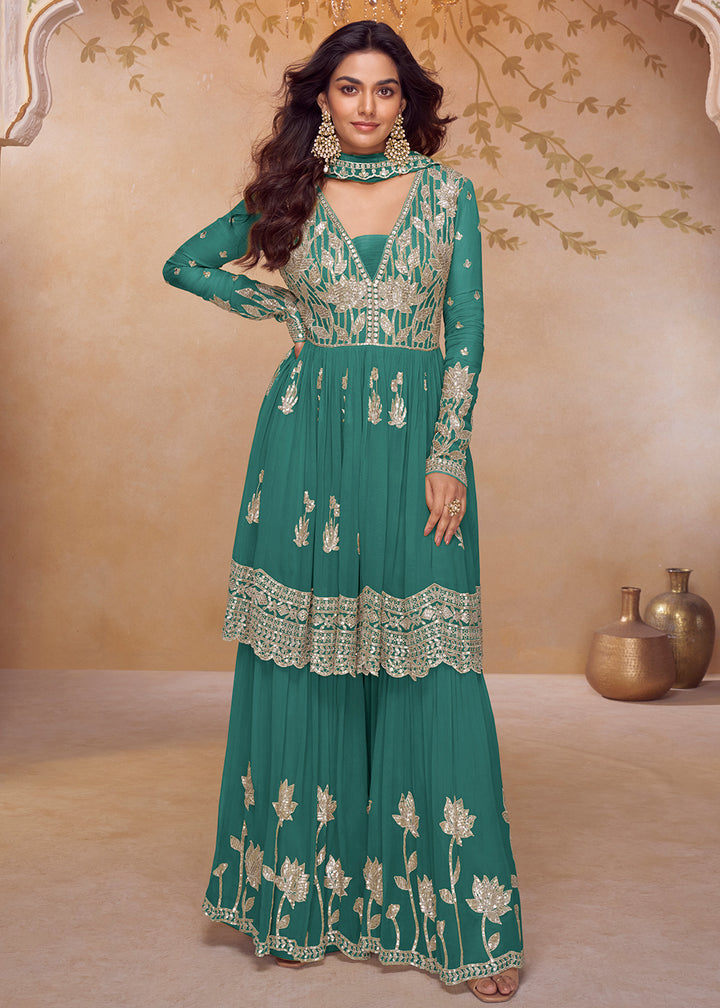 Buy Now Real Chinnon Festive Style Green Palazzo Style Suit Online in US, UK, Canada, Netherlands, Germany, Italy, France, Sweden, UAE & Worldwide at Empress.