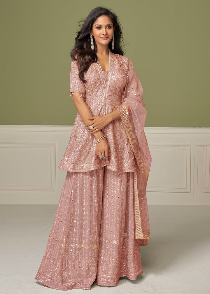 Buy Now Coral Pink Georgette Hand Embroidered Palazzo Style Suit Online in Toronto, Newark, Katy, Houston, Fremont, Nevada, Boston, Utah & Worldwide at Empress.