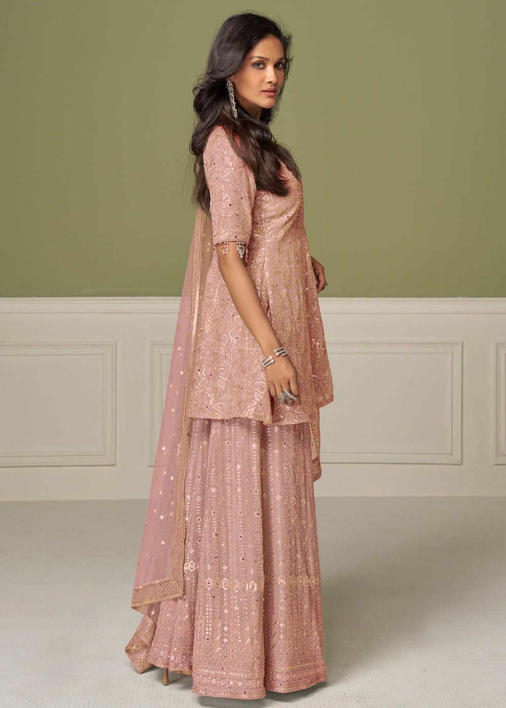Buy Now Coral Pink Georgette Hand Embroidered Palazzo Style Suit Online in Toronto, Newark, Katy, Houston, Fremont, Nevada, Boston, Utah & Worldwide at Empress.